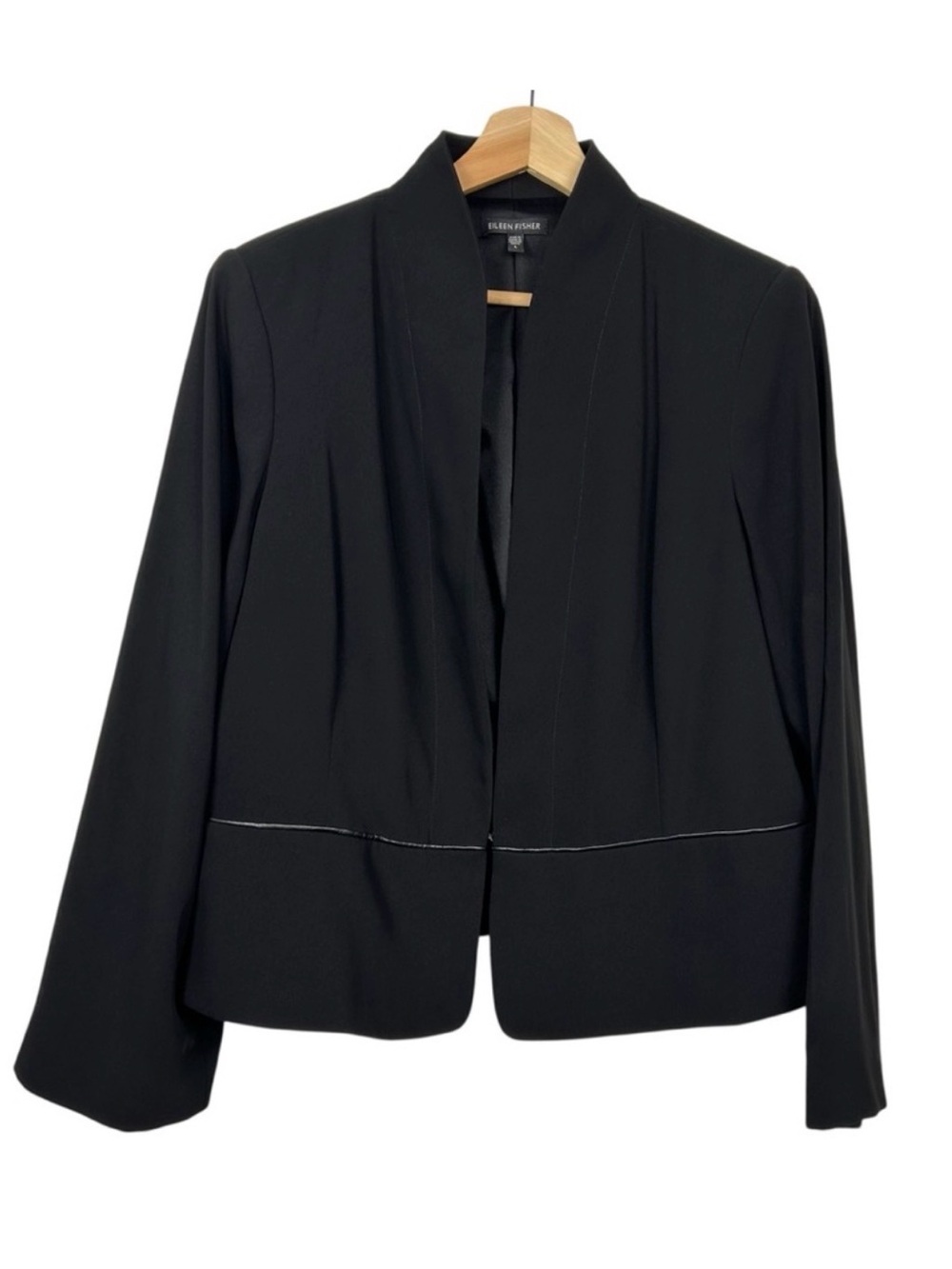 EILEEN FISHER Stand Collar Blazer Jacket With Leather Trim, Black, Size Large